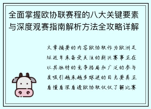 全面掌握欧协联赛程的八大关键要素与深度观赛指南解析方法全攻略详解